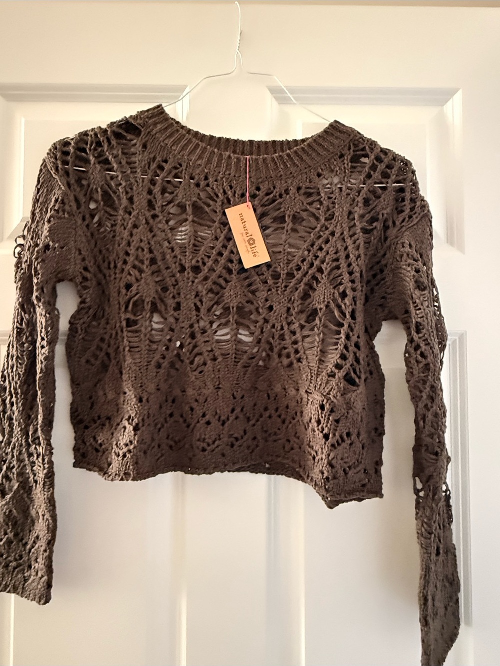 NATURAL LIFE Brown Open-Weave Knit Top